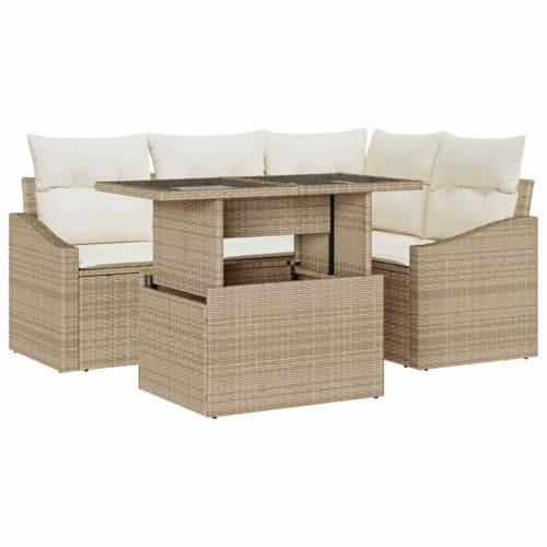 vidaXL 5-teilige Gartensofagarnitur mit Kissen in Beige – Poly Rattan Gartenmöbel für Terrasse, Rasen und Balkon. Modulare, Moderne Lounge-Sets.