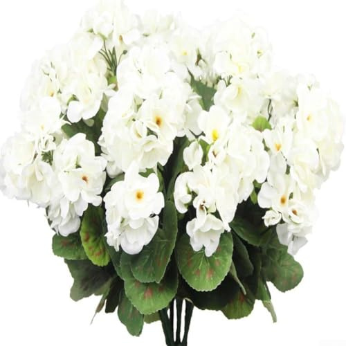 HpLive 3 Stück Künstliche Geranie Seidenblumen 36cm Kunstblumen Dekorative Blumenstrauß für Garten Balkon Draußen Innen(Weiß)