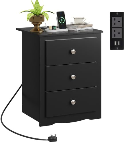 WLIVE 3-Drawer Wooden Bedside Table with Charging Station, USB Ports & Plug Sockets, Nightstand with Storage for Bedroom, Living Room, Office (1, Black)