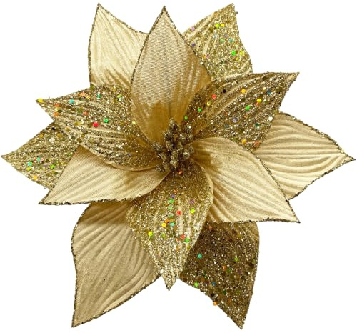 Flores de Navidad Grandes con Purpurina de 11.5 Pulgadas, 6 Piezas de Flores de Pascua Artificiales de Terciopelo, Adornos con Purpurina para árbol de Navidad (Oro)