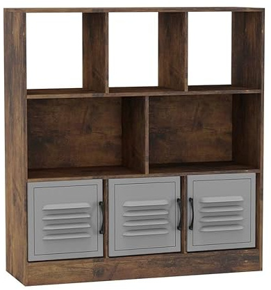 URBNLIVING Rustic Brown 8 Cube Asymmetrical Bookcase – Freestanding Storage Unit with 3 Doors - Metal Doors - Grey