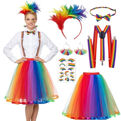 Faschingskostüme Damen Regenbogen Kostüm, Bunter Tüllrock Regenbogen Rock mit Feder Haarreif Hosenträger Gesichtstattoo Fliege Ohrringe, Clown Karneval Kostüm Damen für Fasching Cosplay Mottoparty