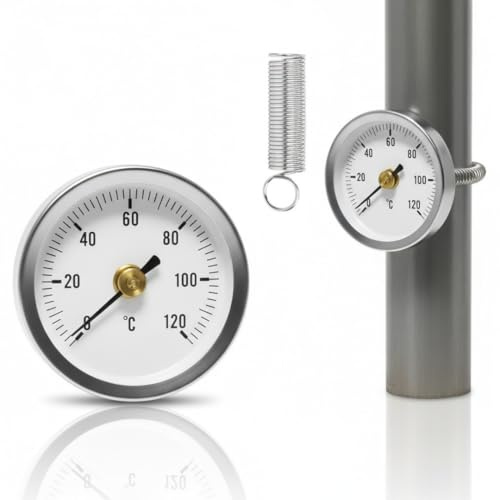 Anlegethermometer für Heizungsrohre 0-120°C Bimetall Rohrthermometer mit Aufsteckfeder 63 mm Zeigerthermometer für Warmwasser- & Heizkörperrohre | Ideal für Haus, Heizung & Industrie | aus Edelstahl