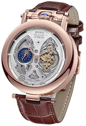 W WOLF-CUB Tourbillon wasserdichte automatische mechanische Uhr mit echtem Lederarmband und Edelstahl Mondphasen Transparent Skelett Uhren, Braun und Rotgold, Business