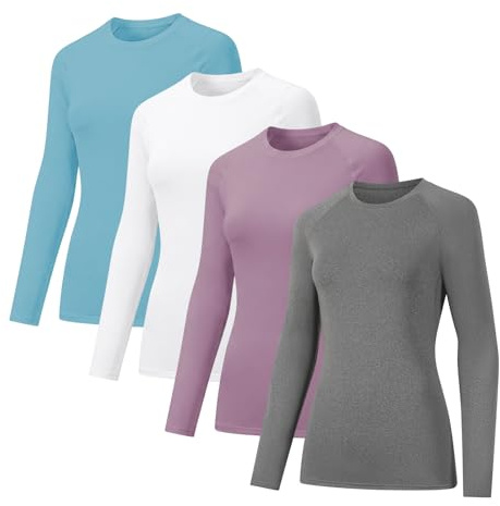 VanKee 4 Pack Maglietta Compressione Donna Traspirante Asciugatura Rapida Maniche Lunghe Leggero Elastico Base Layer Shirts Yoga Fitness Funzionale Top Sportiva Tee per Corsa Formazione Jogging Viaggi