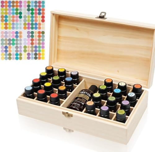 Dexpally Ätherische Öle Aufbewahrung, 25 Löcher Aufbewahrungs-box, Holzbox mit Fächern, Ätherisches Öl Box Aus Holz mit Kostenlose Etiketten für Nagellack, Duftöle