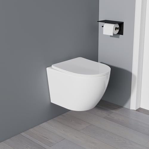 Yishang Hänge WC Spülrandlos Toilette - 360° Einloch Superspin Spülung Wand WC, Toilettenbecken Toilettenspülung Geräuscharm, Kloschüssel und WC Sitz mit Absenkautomatik, Weiß, 48,5 cm