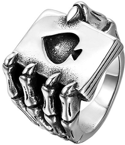 JewelryWe Schmuck Herren-Ring, Edelstahl, Gotik Schädel Klaue Poker Karte, Schwarz Silber - Größe 62