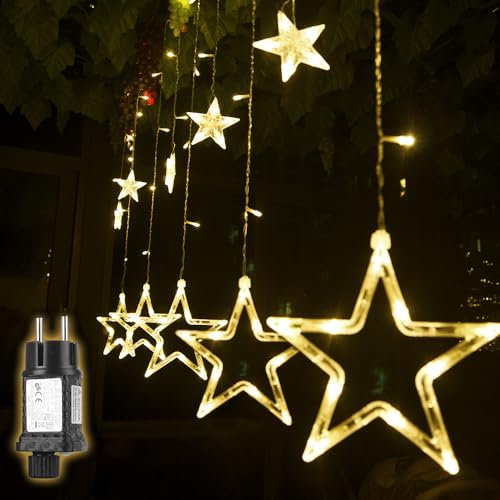 SALCAR Lichterkette mit 12 LED Sternen, 2M 138 Leuchten Fenster LED Lichtervorhang mit 8 Modi Innen & Außenlichterkette Wasserdicht Dekoration für Weihnachten, Warmweiß