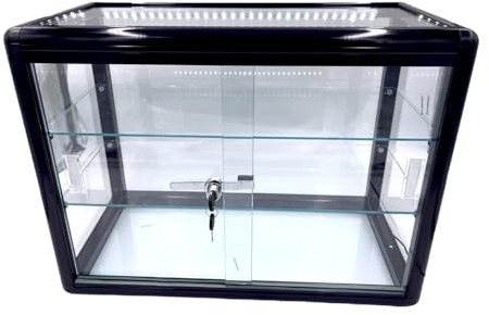 Only Garment Racks Elegant Black Aluminum Display Table Top Tempered Glass Show Case. Sliding Glass Doors with Lock
