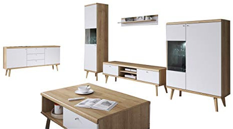 mb-moebel Moderne Wohnwänd Wohnzimmer Skandinavische Möbel Schrankwand mit LED - Rubin Set 1- Riviera Eiche+Weiß