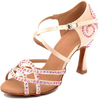 MGM-Joymod Chaussures de danse latine moderne avec bout ouvert et sangle croisée en strass pour femme, Talon rose satiné de 9 cm., 38 EU
