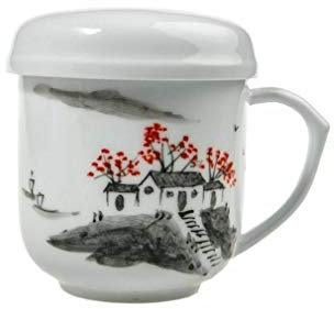 lachineuse - Tasse à Thé Asiatique Paysage Zen - Tasse en Porcelaine avec Infuseur & Couvercle - Coloris Blanc, Gris & Rouge - Idée Cadeau Vaisselle Chinoise Traditionnelle - Petite Tasse Asie Chine