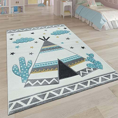 Paco Home Kinder-Teppich, Kinderzimmer Pastell Farben, Indianer-Zelt Motiv 3-D, in Cream Grau, Grösse:140x200 cm
