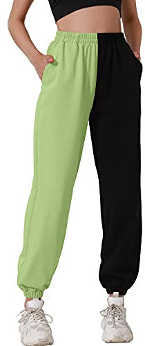 HAPYWER Jogginghose Damen Baumwolle Lang Freizeithosen High Waist Lässige Loose Sweathose mit Taschen Trainingshose Übergröße Sporthose Zweifarbig Sommerhose Casual Mode(Hellgrün,S)