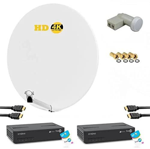 Kit Parabole Satellite HD 4K Fibre Blanche 85cm + Lnb Twin + 2X Récepteurs TV Fransat avec Carte