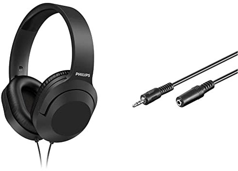 Philips H2005BK/00 Cuffie Stereo Over Ear con Filo 2 m & Goobay 50090 Cavo di estensione per cuffie e audio AUX; a 3 pin; jack da 3,5 mm 3,5 mm maschio