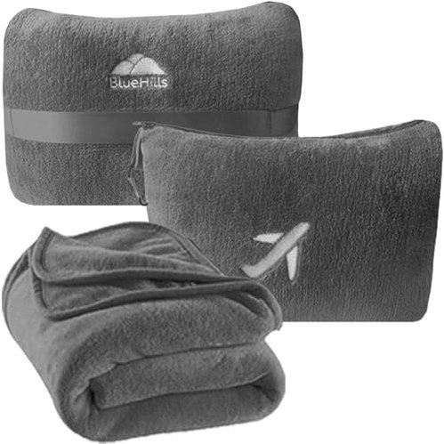 BlueHills Reisedeckenkissen in Mini-Softhülle, Premium-Plüsch-Flugzeugdecke, weiche Tasche, kompakte Packung mit Gepäckgürtel und Rucksackclip – Grau M01