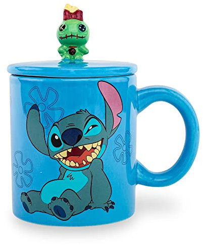 Silver Buffalo Lilo & Stitch Wink Ohana - Taza de cerámica con mango esculpido con tapa esculpida, 18 onzas