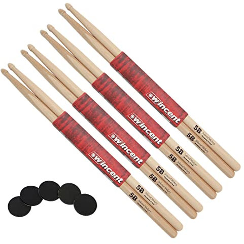 Wincent 5B - Bacchette per batteria in hickory Woodtip, 4 paia + cuscinetti Keepdrum Damper