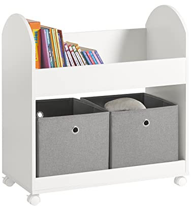 SoBuy KMB53-W Kinderregal mit 2 Stoffboxen Bücherregal mit Rollen Kinder Aufbewahrungsregal für Kinder Bücherständer Spielzeug-Organizer Regal Kinderzimmer BHT ca.: 70x78x40cm