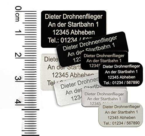 MJ Drohnen-Kennzeichen Sets, 3er-Set, 5er-Set oder 10er Set, mit Kontaktdaten und/oder seit 2021 geforderte e-ID, Alu eloxierte Plakette - selbstklebend (3er Set, Aluminium Natur 30x10mm mit eID)
