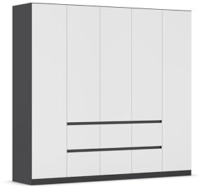 Rauch Möbel Mainz, Kleiderschrank, Farbe Weiß/Grau metallic, Breite 226 cm | Schrank, Kinderkleiderschrank, 5-türig, Push-to-open, für Schlafzimmer, Kinderzimmer, Babyzimmer, Garderobe