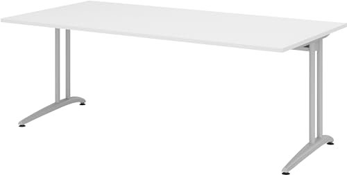 bümö Schreibtisch groß, B-Serie 200x100 cm, Tischplatte aus Holz in weiß, Gestell aus Metall in Silber - PC Tisch, großer Computertisch für's Büro, Office Bürotisch