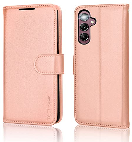 TECHGEAR Galaxy A14 4G / 5G Leather Wallet Case, Flip Protective Case with Wallet Card Holder, Stand and Wrist Strap - Rose Gold PU Leather with Magnetic Closure Designed For Samsung A14