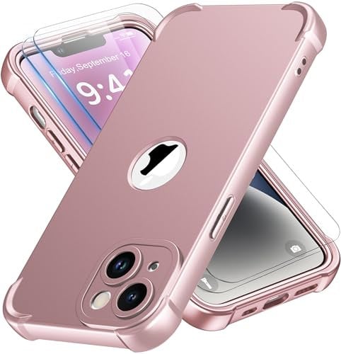ORETECH Coque pour iPhone 14 + 2 Pièces Verre Trempé Protection écran, Antichoc Souple Silicone TPU Arrière Rigide PC Avant Housse de Protection pour iPhone 14 Case 6,1 Or Rose