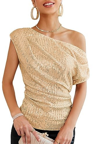 GRACE KARIN Damen Party Pailletten Tops Schmale Passform Blusen Elegant Festliche Oberteile, Farbe: Champagner Gold, Größe: XL