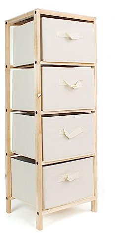 THE SECRET HOME - Mueble Auxiliar de Madera - Cajonera de 4 Cajones en Madera y Tela – Color Natural y Beige - Mueble Organizador para Baño, Cocina, Salón, Dormitorio