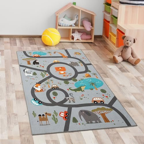 CARPETIA Kinderteppich Teppich Kinderzimmer Spielteppich Läufer rutschfest waschbar pflegeleicht Safari Straße grau 80 x 150 cm