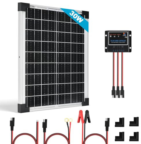 Kit panneau solaire 30W, chargeur de maintien de batterie 12V, système solaire hors-réseau étanche avec contrôleur de charge solaire 5A PWM pour toit de voiture, camping-car, caravane, maison.