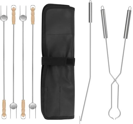 BBQ-PLUS Edelstahl-Feuerstellen-Werkzeug-Sets für Outdoor-Feuerstellen, Feuerschürhaken und Brennholzzange und Bratstäbchen, Zubehör für Hinterhof, Picknick, Grillen, Kamin, Feuerstelle