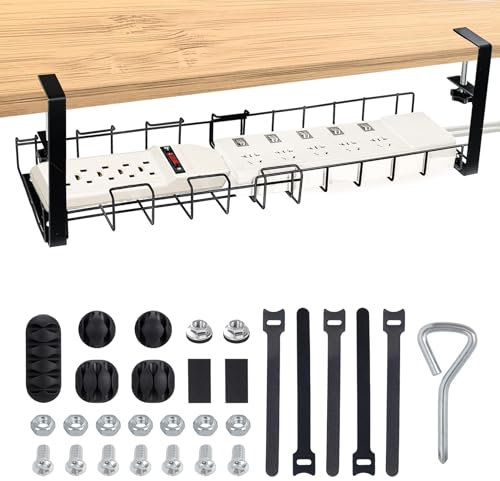 Kit de bandeja de gestión de cables para debajo del escritorio, longitud retráctil de 12 pulgadas a 21.5 pulgadas, caja organizadora de cables de escritorio sin taladro, cesta organizadora de alambre