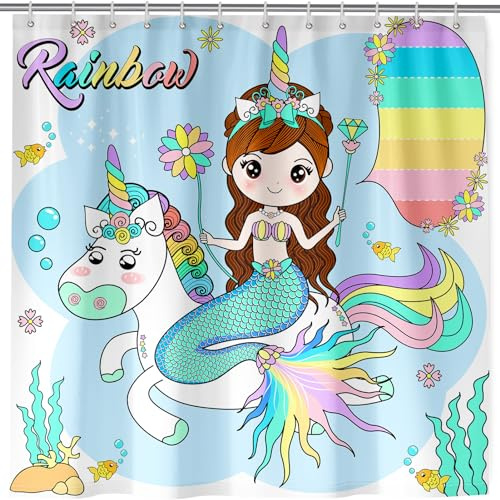 ANHOPE Rideau de Douche Princesse Sirène Licorne Anti Moisissure Lavable Imperméable Tissu Polyester Rideaux de Douche avec 12 Crochets pour Salle de Bain Baignoire Famille Hôtel 180 x 180 cm