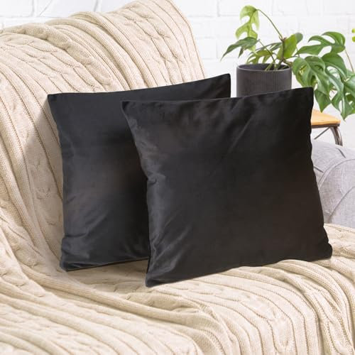 2er Set Kissenbezug 40x40 cm schwarz Samt flauschig weich Sofakissen Dekokissenbezug Kissenhülle für Couch, Schlafzimmer, Wohnzimmer & Balkon, Eclipse, mit verstecktem Reißverschluss