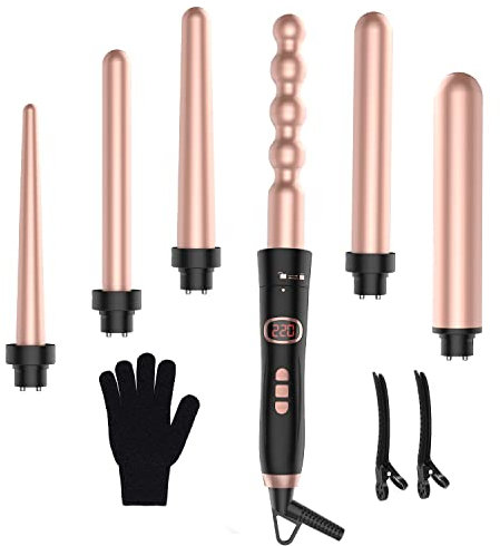 Lockenstab Lockenstäbe mit Verschiedenen Aufsätzen Set - Lockenstäbe 6 in 1 große und kleine locken, Curling Wand Keramik Lockeneisen mit Handschuh Rosa Gold 9-32mm