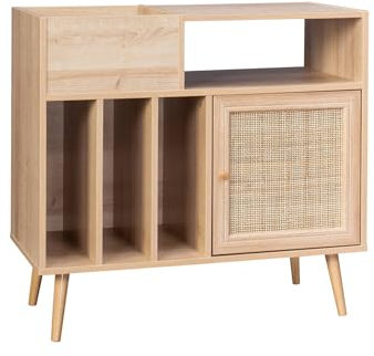 sweeek - Meuble Vinyle cannage et décor Bois Bohème 1 Porte et 4 casiers 83cm