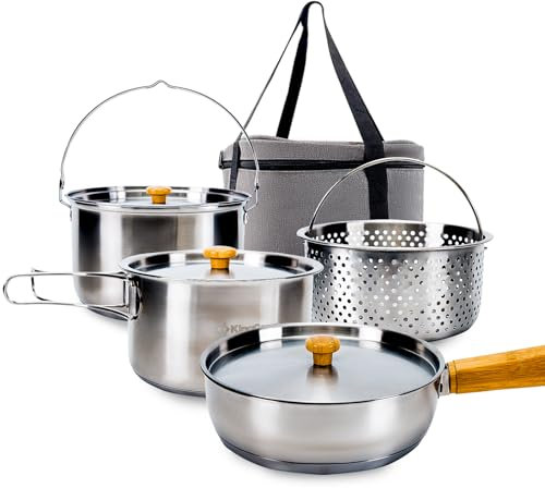 KingCamp 8pcs Stainless Steel Campfire Cookware Set for 4-6, Includes 3 Pots, Fry Pan, Colander, Tote Bag, Induction Compatible