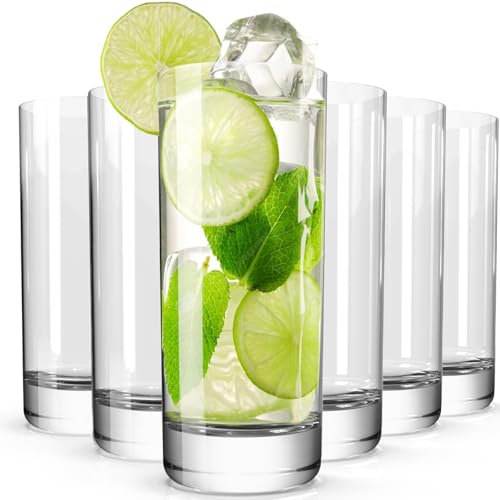 Wlasss Drinking Glasses Set of 6, 13oz Crystal Highball Glasses, Clear Tall Glass Cups,Water Glass for Kitchen,Tom Collins,Juice,Whiskey,Mojito Cocktail Glasses for Bar Glassware,Gift