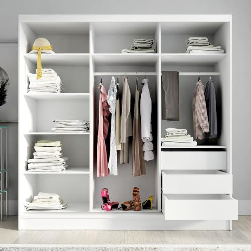 A&J MöbelLand Schwebetürenschrank VIDA Kleiderschrank 3-türig mit Schubladen, und Spiegel, Garderobe 200 cm (Eiche Kraft Gold)