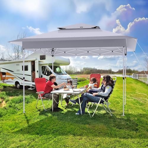 Pavillon 3,6x3,6m,Pop Up Gartenpavillon 4 Sandsäcken, One Push Faltpavillon Wasserdicht Stabil, Doppeldach Partyzelt, Höhenverstellbar (265-275-285cm) für Patio Markt Camping Strand (Grau Weiß)
