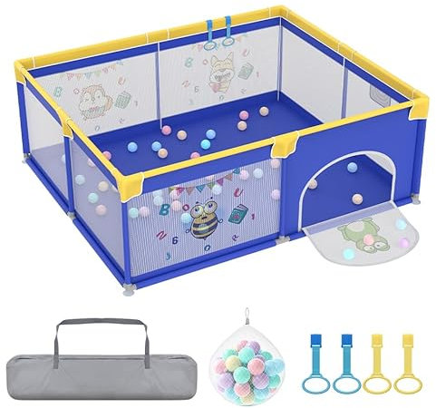 Aufun Laufstall Baby Laufgitter 300D Oxford Gewebe, mit Anti-Kollision Schaum Absperrgitter, Atmungsaktivem Netz, Reißverschluss (Blau, 150x180x68cm)