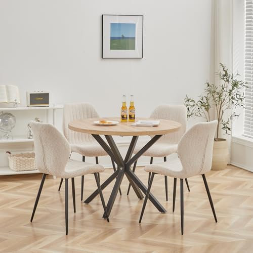 DEYARNA HOME Essgruppe 5-Teilig, 100cm Runder Esstisch und 4 Leinen-Esszimmerstühle, Esstisch und Stühle für 4 Personen, 4 Stühle & Tisch für Küche, Esszimmer und Wohnzimmer (Helle Holzfarbe+Khaki)