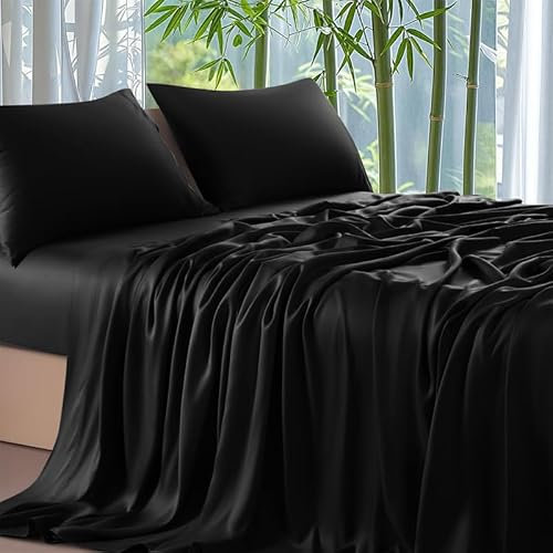 Drap Housse 160x200 Bambou Noir Drap de Lit en Mélange Tencel Lyocell Bambou Drap Housse Noir Lisse Respirant pour Matelas Épais Hypoallergénique sans Repassage Ourlet Élastique La Peut atteindre 30cm