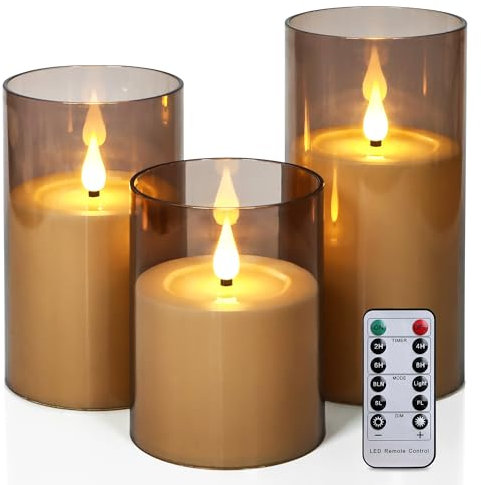 FREEPOWER 3er Flammenlose LED Kerzen Grau Acryl - Fernbedienung & Timer - Batteriebetrieben - Warmweißes Flackern - Ø8x10/12,5/15cm