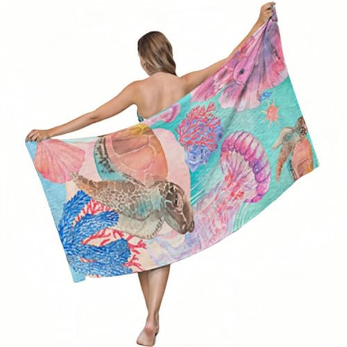 CAIRF 90×180cm weiches Mikrofaser Strandtuch mit Buntem Schildkrötenmuster, saugfähiges und schnell trocknendes Badetuch, modisches Farbclash-Wickeltuch für Erwachsene