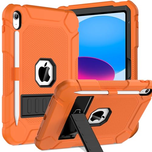 TOPWANT Case for iPad A16 11th Gen 11/10th Gen 10.9 2025/2022, Orange | Heavy Duty Shockproof Rugged Protective Case, Built in Sturdy Kickstand, Pencil Holder